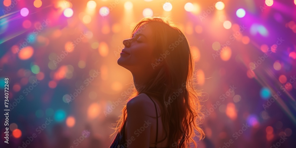 Vibrant Concert Scene: Young Woman Engrossed In Dancing And Music. Concept Sunset Beach Yoga, Serene Outdoor Setting, Gentle Waves, Mindful Poses Travel Adventures, Exploring Hidden Gems