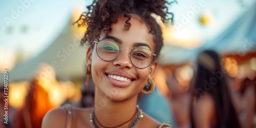 Young Woman Of African Descent Joyfully Attending A Music Festival Alongside Companions. Concept Music Festival Fashion, Group Of Friends, Festive Vibes, Diversity And Inclusion, Celebrating Culture