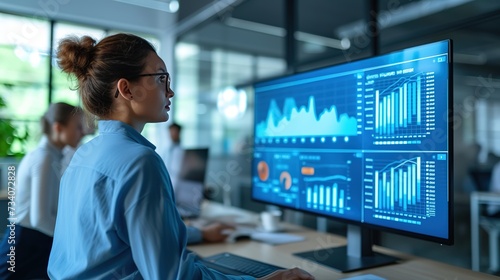 Focused female data analyst examining comprehensive financial graphs on a large monitor in a modern office setting.