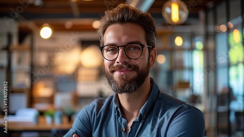 Approachable and cheerful male professional with beard and glasses smiling in a casual, well-lit office setting.