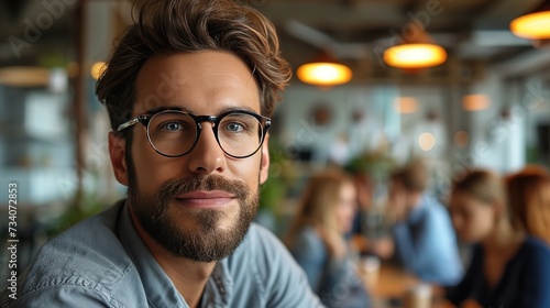 A young, bearded man with stylish glasses posing confidently in a lively and modern coworking office space. photo