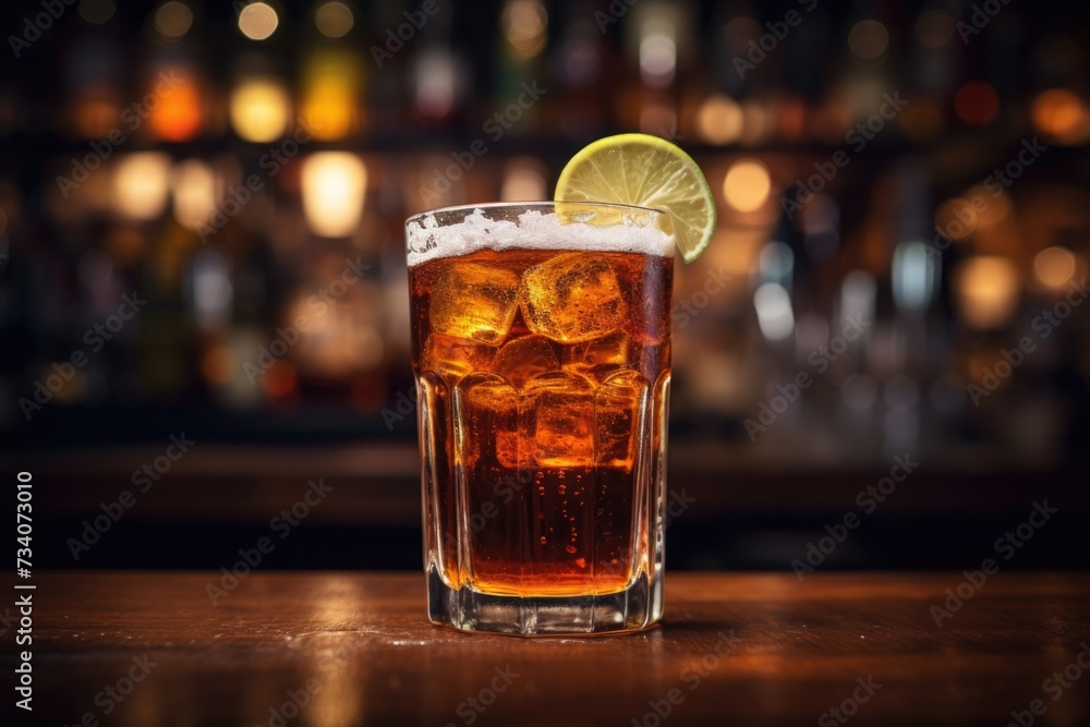 Fresh cold beer in a glass on bar countertop Fresh cold beer in a glass on bar countertop