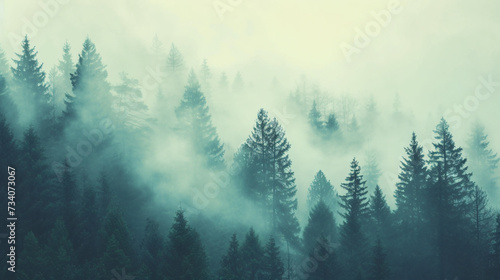 Misty landscape with fir forest in hipster vintage... © Creative