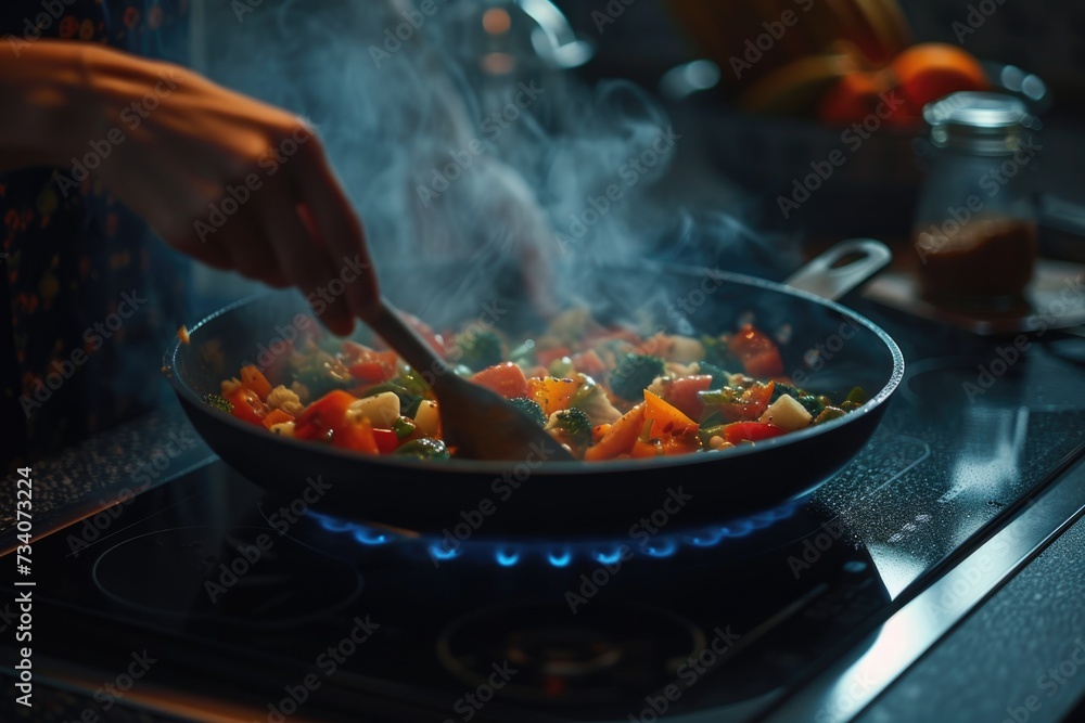 Woman cooking vegetables in a frying pan on electric stove