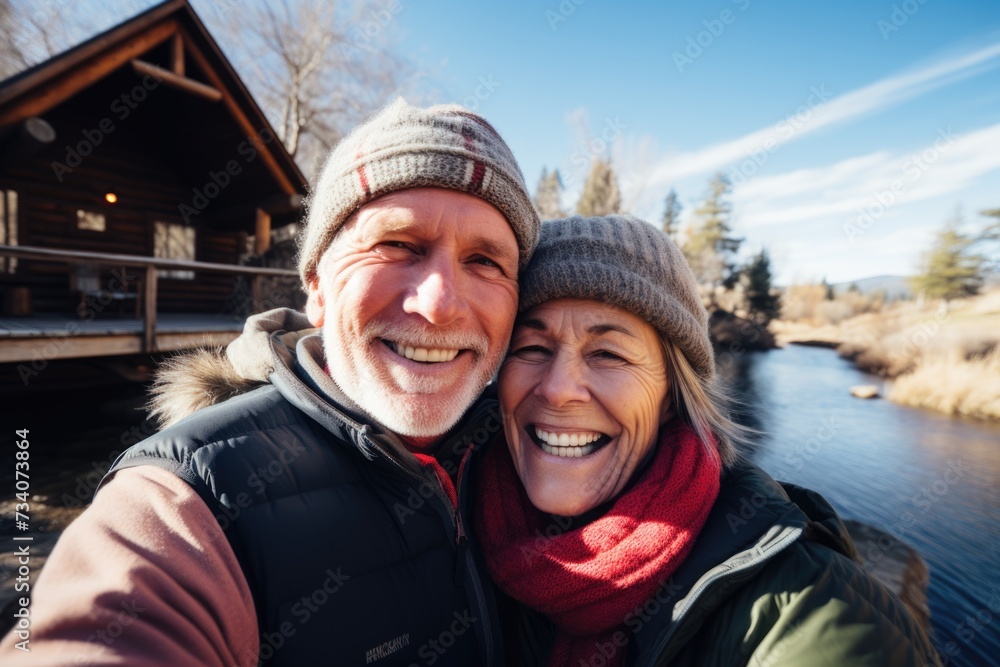 Senior couple taking a selfie by a lake cabin Senior couple taking a selfie by a lake cabin