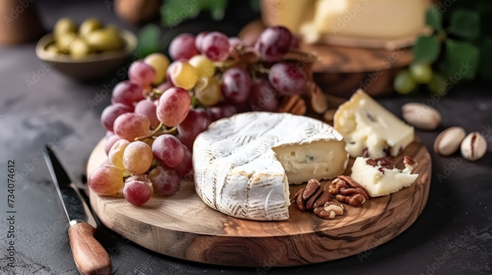 plateau de fromage avec grappe de raisin et amandes et noix de cajou - obrazy, fototapety, plakaty 