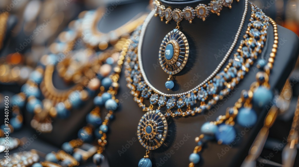 Close-up of handcrafted jewelry on elegant display, intricate designs highlighting artisan skill and creativity Close-up of handcrafted jewelry on elegant display, intricate designs highlighting artisan skill and creativity