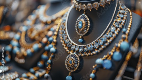 Close-up of handcrafted jewelry on elegant display, intricate designs highlighting artisan skill and creativity