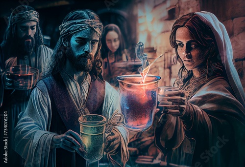 Illustration representing the wedding at Cana with Jesus turning water into wine - AI generative. Generative AI photo
