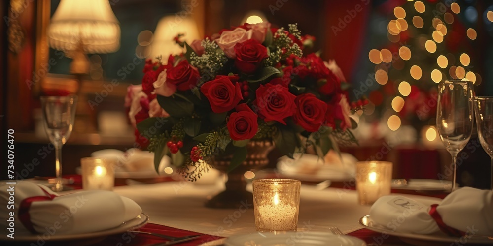 Festive holiday table setting, elegant decor under soft lighting, creating warm, inviting atmosphere