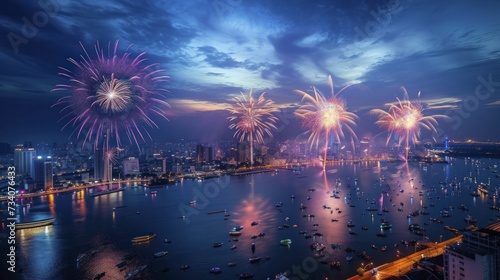 City landmarks under fireworks glow, festive celebration as crowds watch in amazement