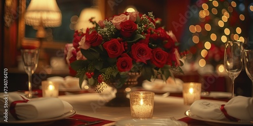 Festive holiday table setting  elegant decor under soft lighting  creating warm  inviting atmosphere