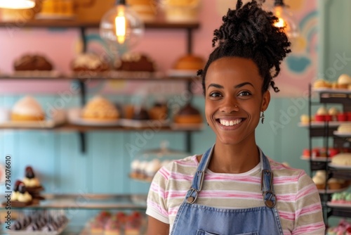 Portrait of a smiling young woman working in the pastry shop