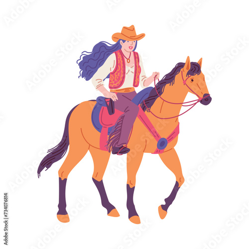 Young woman riding horse in cowboy hat and clothes. © sabelskaya