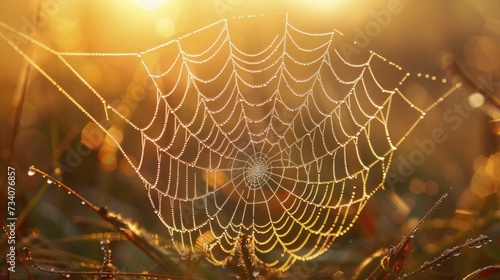Macro shot of dew-kissed spider web in early morning, intricate patterns glistening against dawn light