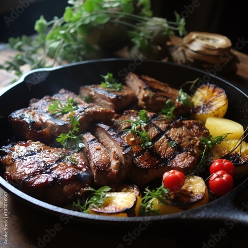 Grilled steak with herbs and vegetables in a cast iron pan.