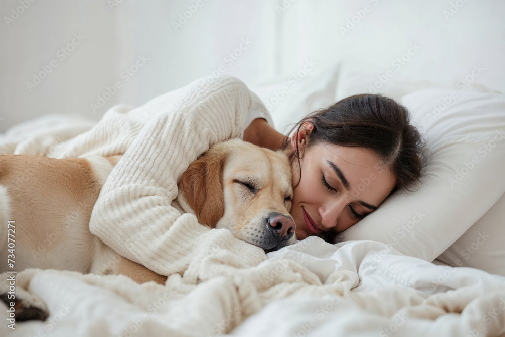 A peaceful afternoon nap shared between a woman and her loyal dog, snuggled under the soft warmth of a blanket in the comfort of their indoor sanctuary A peaceful afternoon nap shared between a woman and her loyal dog, snuggled under the soft warmth of a blanket in the comfort of their indoor sanctuary
