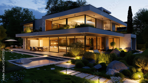 Modern house with garden at night. © Creative