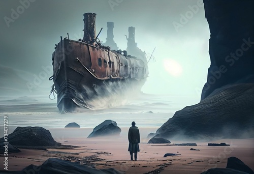 odd figure standing on a sandstone beach near the ocean looking at a ghost ship approaching the coast in a mist cloudly day foreground out of focus - concept art - 3D rendering. Generative AI photo