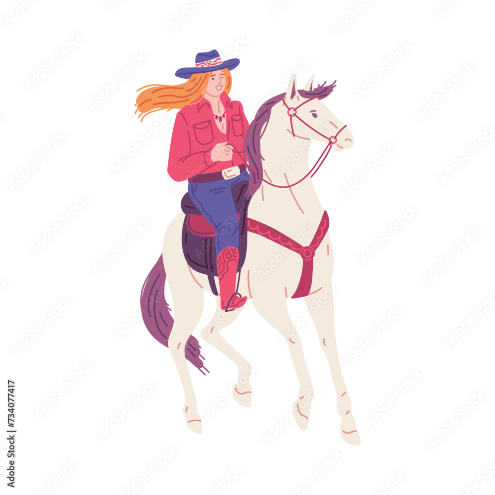 Φωτογραφία Cowgirl rides a white horse, American western rodeo ranger woman, vector cowgirl