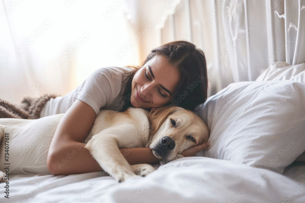 A peaceful moment of rest, as a woman finds comfort in the warmth of her bed, accompanied by her loyal canine companion A peaceful moment of rest, as a woman finds comfort in the warmth of her bed, accompanied by her loyal canine companion