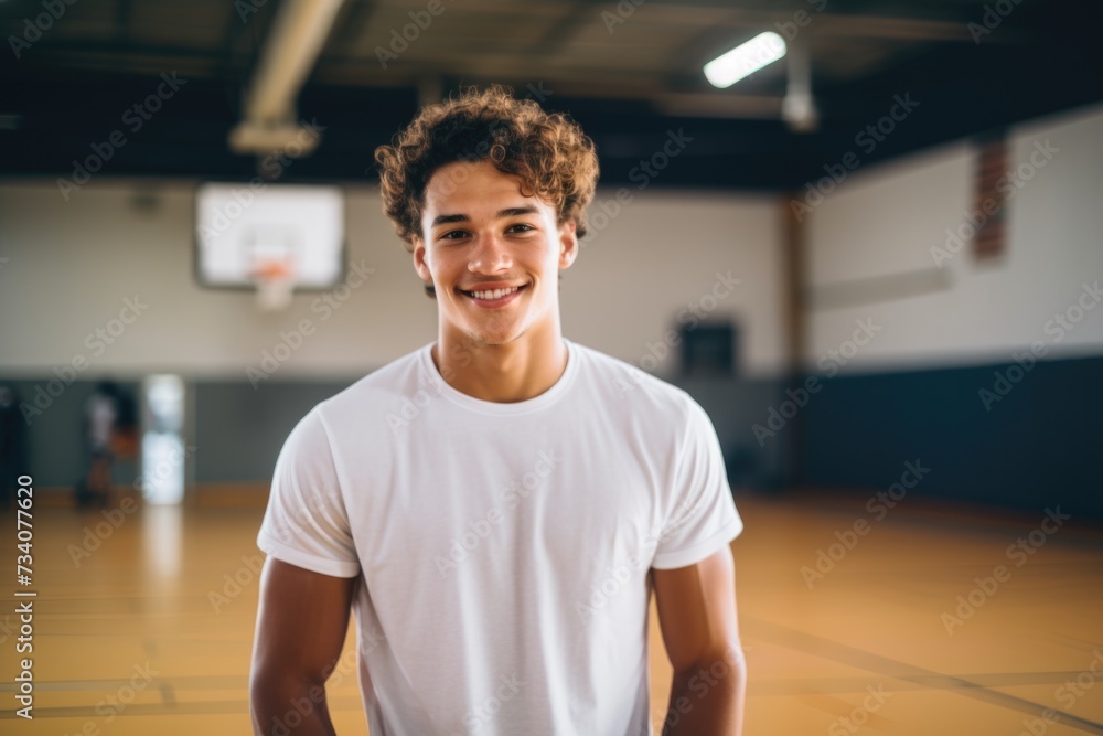 Smiling portrait of a young man in the basketball gym Smiling portrait of a young man in the basketball gym