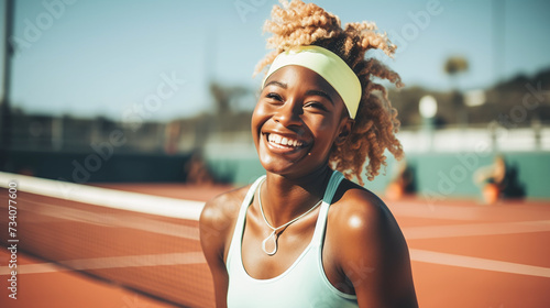 Dunkelhäutige Frau beim Tennis spielen im freien