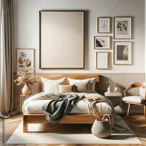 Stylish and design composition of bedroom interior with wooden bed, mock up poster frame 