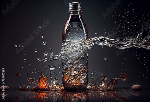 water splash - bottle and water drops in a moment. Generative AI photo