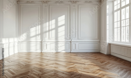 White wall classic style and wooden floor, empty room interior 