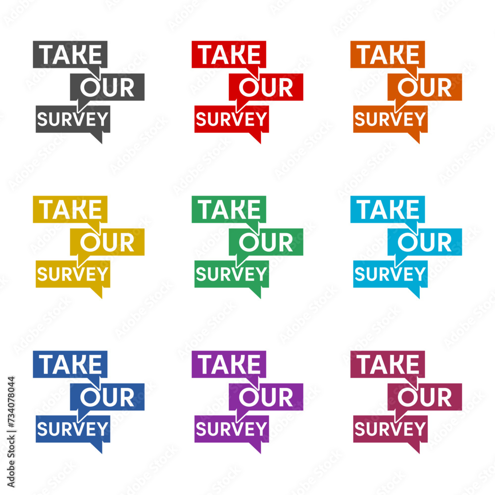 Take Our Survey icon isolated on white background. Set icons colorful Take Our Survey icon isolated on white background. Set icons colorful