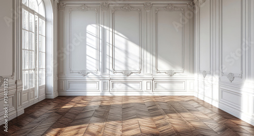White wall classic style and wooden floor, empty room interior 
