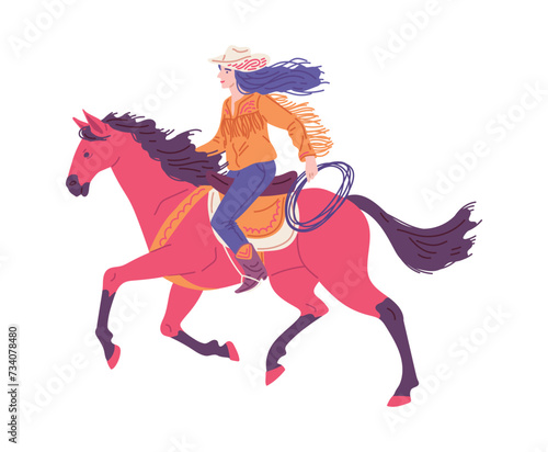 Pretty western style cowgirl on horse, vector illustration isolated on white
