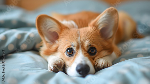 Adorable Corgi Dog Lying on a Polka Dot Bedspread Looking Up with Puppy Eyes