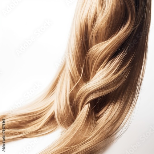 Blonde shiny hair on white background. Hair care. Shampoo, moisturising, keratin treatment ad banner, healthy strong brown strand or lock, hair shaft structure, magic glow shiny swirls. Generative Ai