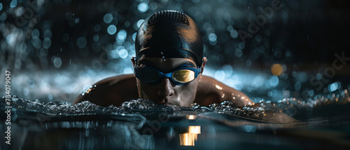 Determined swimmer cuts through water at night, goggles reflecting the world beyond photo