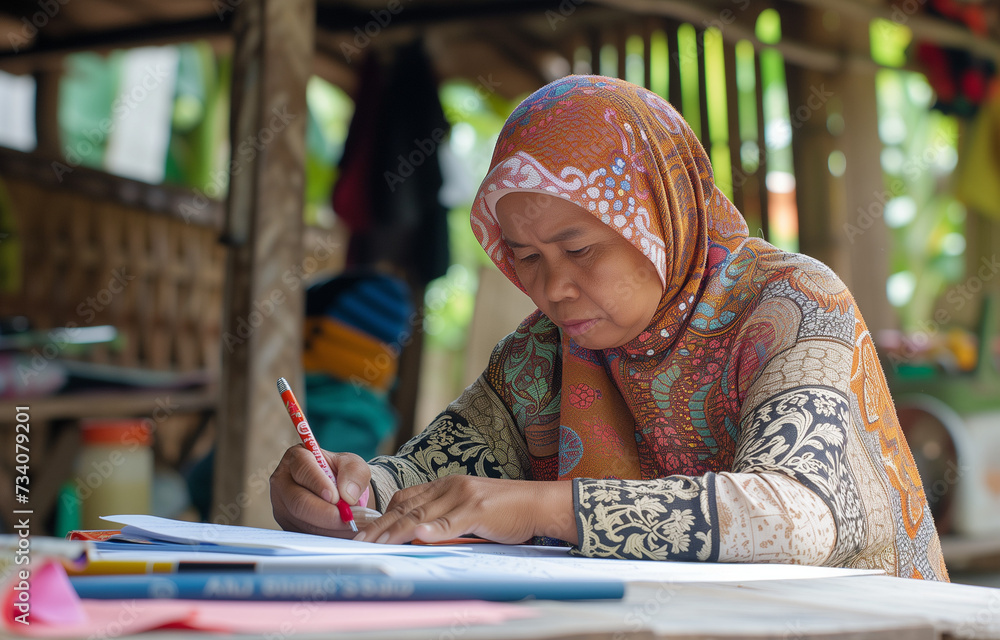 A middle-aged woman from Indonesia learning to read A middle-aged woman from Indonesia learning to read