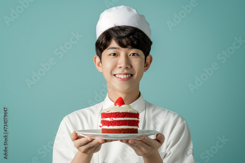 Young smiling korean male shef in white uniform holding a plate with red velvet cake on a blue background. photo