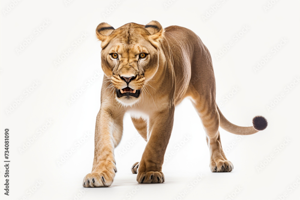 Lioness Charging on a White Background. Beautiful feline portrait. Lioness Charging on a White Background. Beautiful feline portrait.
