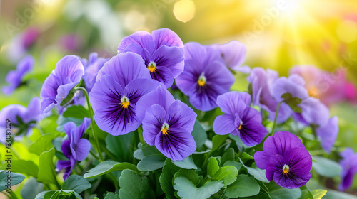 Flowerbed with beautiful purple pansy in the rays of the sun.