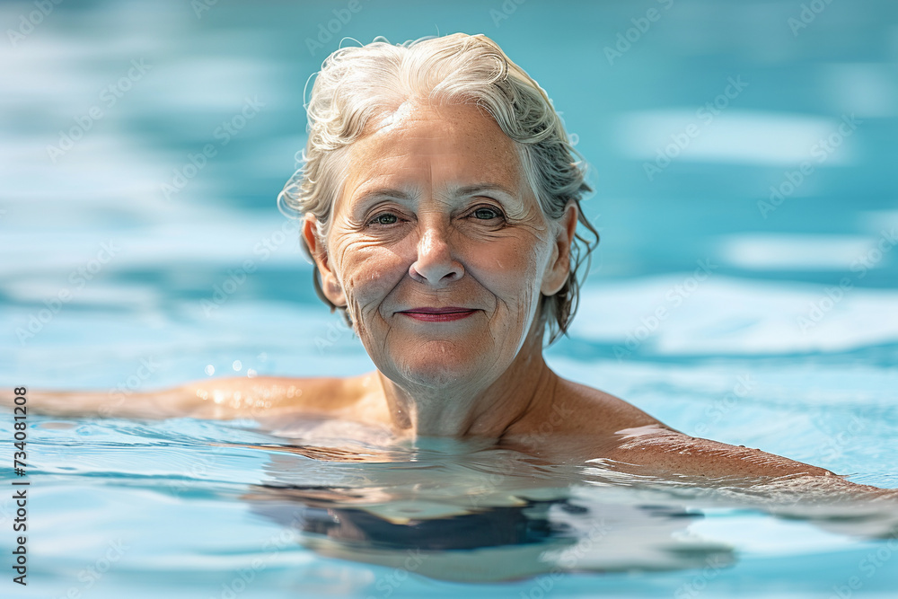 Happy smiling senior woman with gray hair swimming in the pool with blue water.