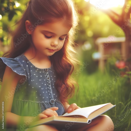 little girl reading a book. girl with a book. girl in the garden reading a book