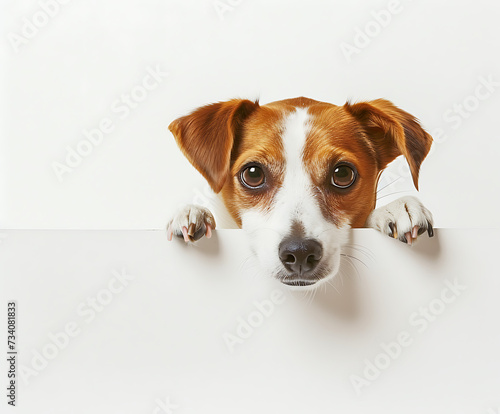 jack russell dog hiding under a white blank sign in t © sdc