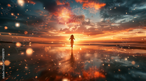 Euphoric Runner Celebrating with Fireworks on Beach at Dusk  man running on the beach