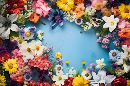 Overhead view of a mixed bouquet of spring flowers  creating a dynamic and vibrant space for your personalized text.