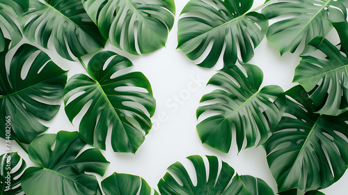 jungle monstera leaves on a white background. top vie photo