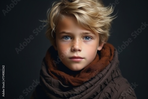 Portrait of a beautiful little boy with blond hair wearing a scarf © Loli