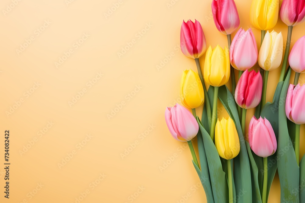 Overhead view of tulips in various shades on a pastel yellow backdrop, offering a visually appealing space for text placement.