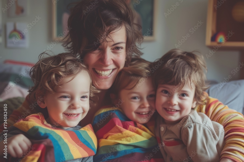 Loving LGBTQIA family laughing with daughter and son in their home. Queer family portrait of gay, lesbian couple nurturing their children. Concept of diverse childhood, parenthood, and motherhood.