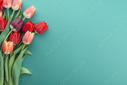 Overhead view of tulips in various colors against a serene seafoam green backdrop, providing a tranquil space for text overlay. © Kanwal